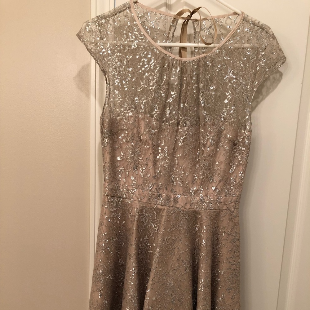 Beige/Silver Lace Overlay Cocktail Dress